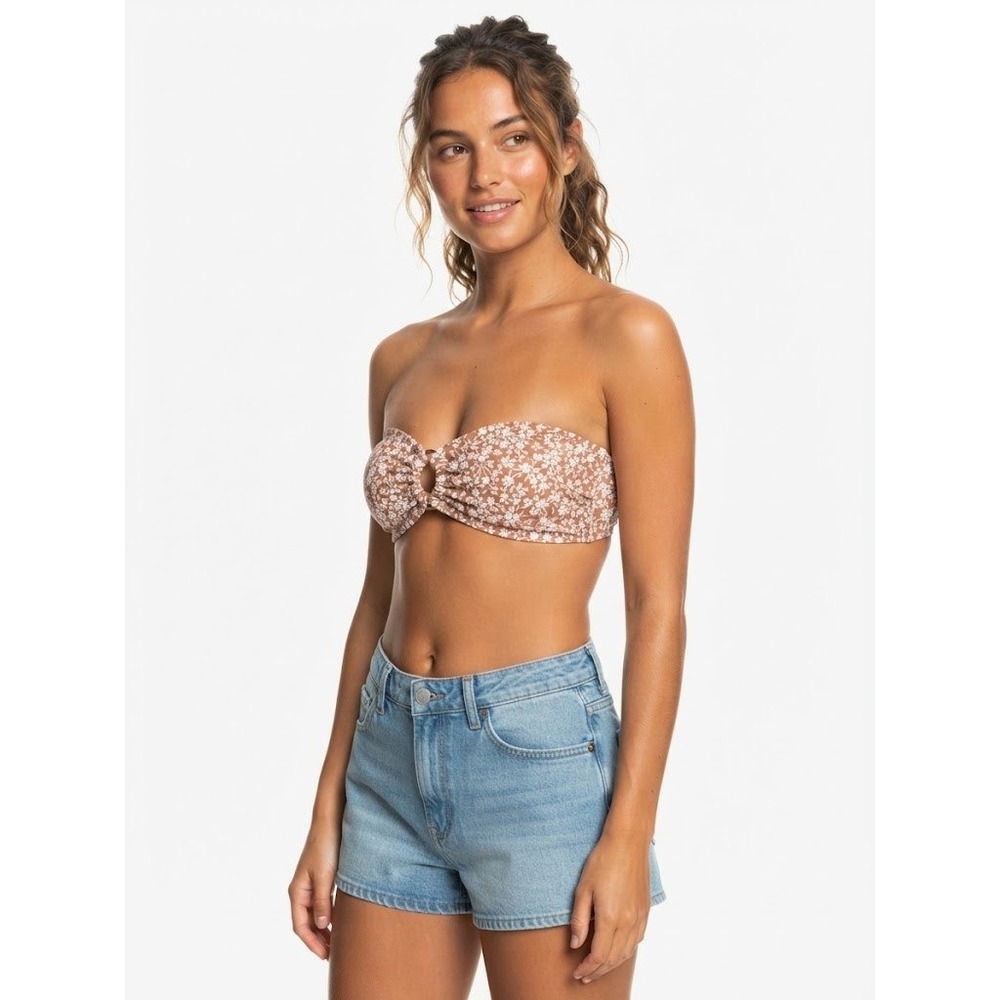 Strapless Bandeau Bikini Top Womens M Brown Floral Excellent O-Ring Strapless